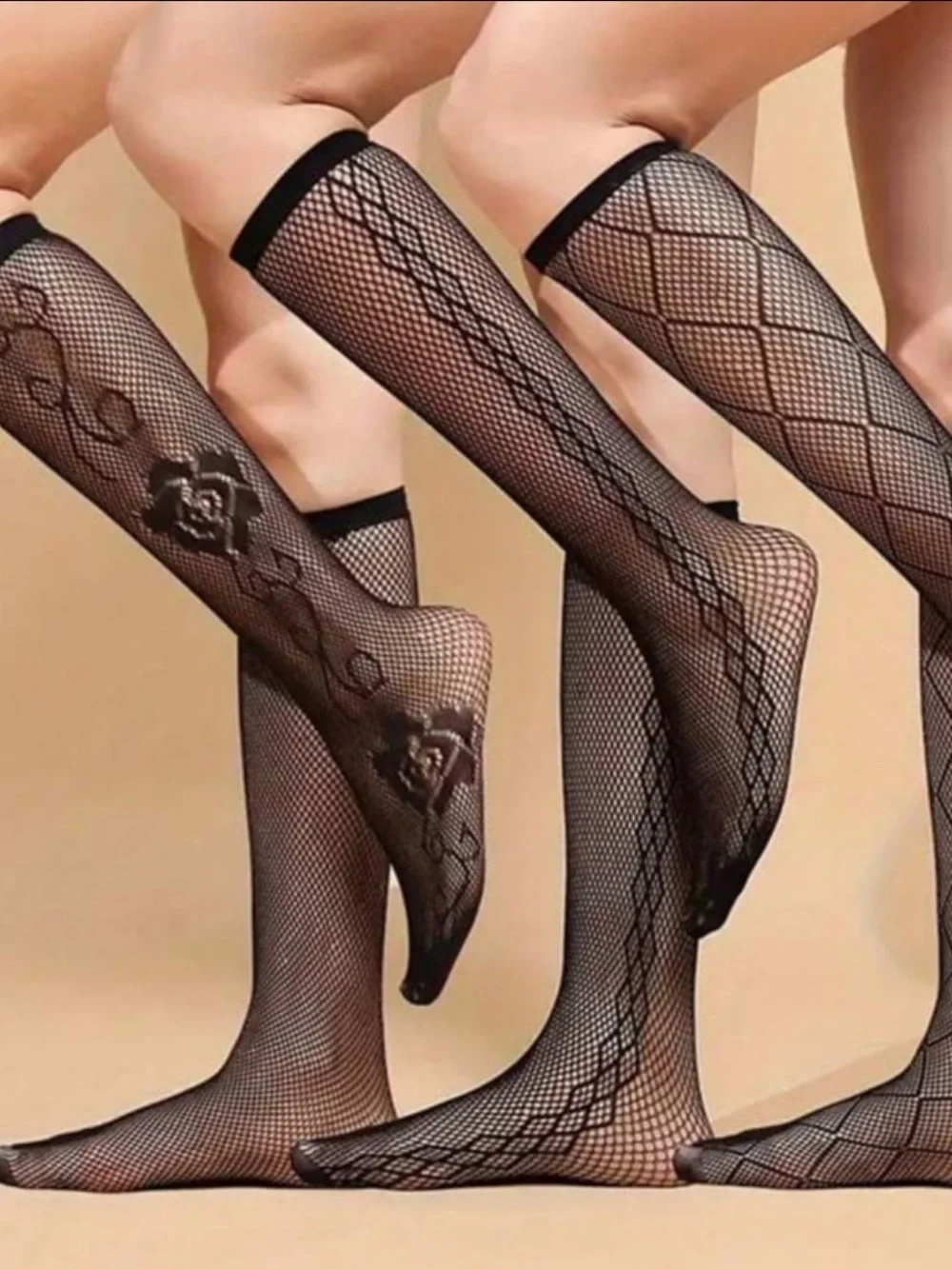 Black Patterned Knee-High Fishnet Socks - Women's